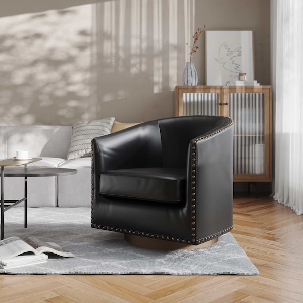 Flash Furniture Myles Club Style Commercial Barrel Accent Armchair, Black Leathersoft Upholstery, Brass Nail Trim BS-AC22-061-BLKPU-GG - main